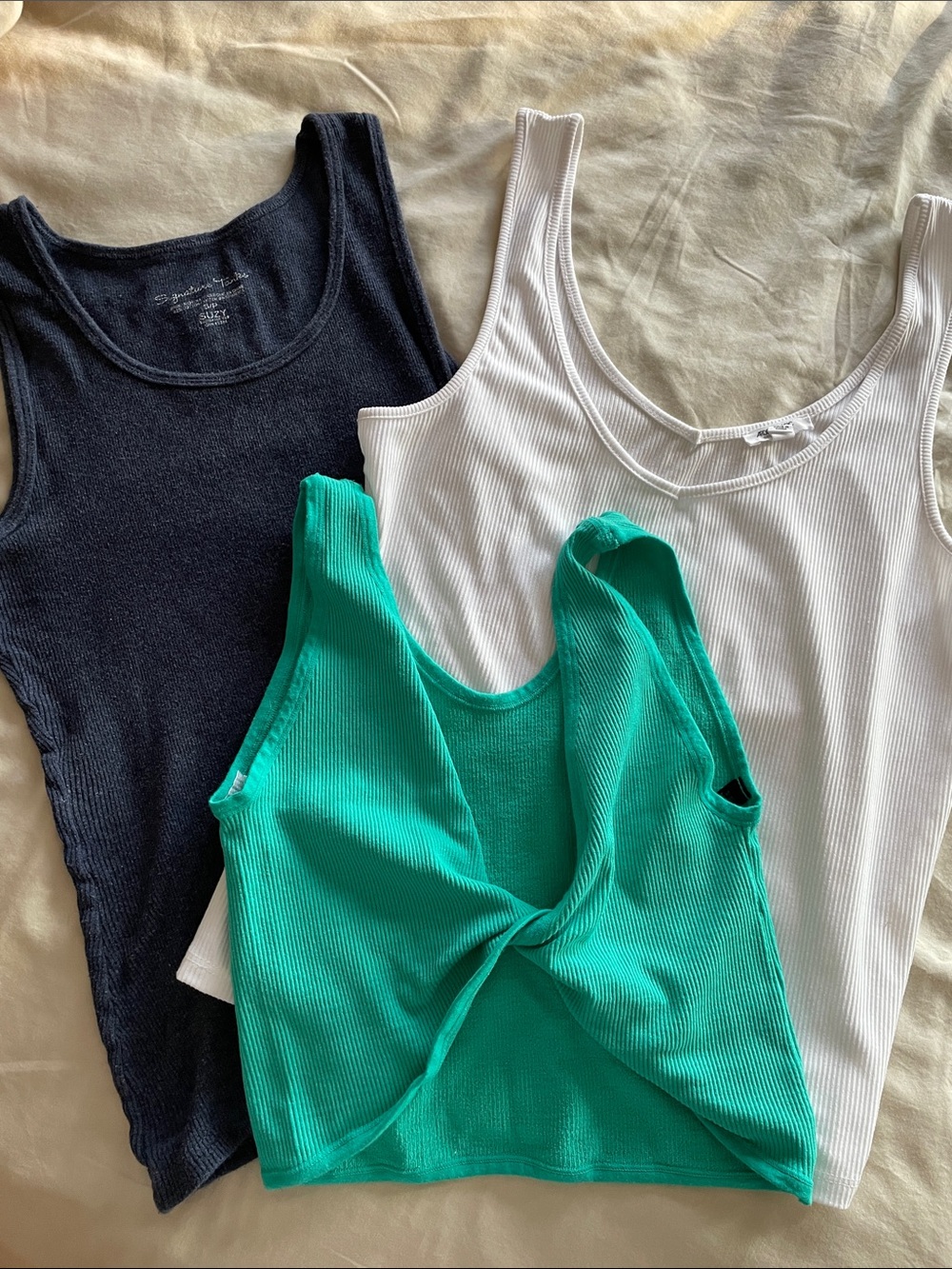 S-M. AERIE   3 Ribbed Tank Tops - Navy, White & Teal